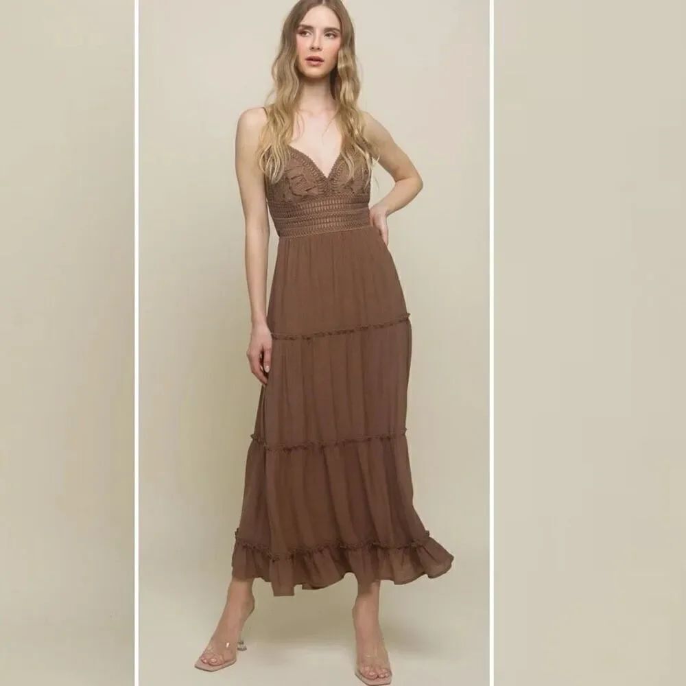 Love Tree Cocoa Crochet Lace Detail Boho Tiered Ruffle Dress